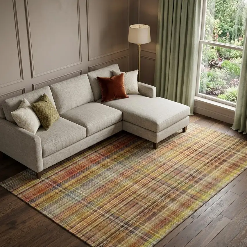 Rust Gold And Green Plaid Washable Area Rug With UV Protection Photo 1