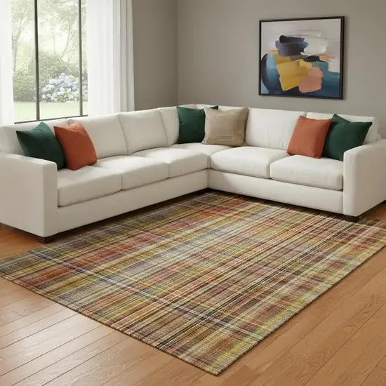 Rust Gold And Green Plaid Washable Area Rug With UV Protection Photo 1