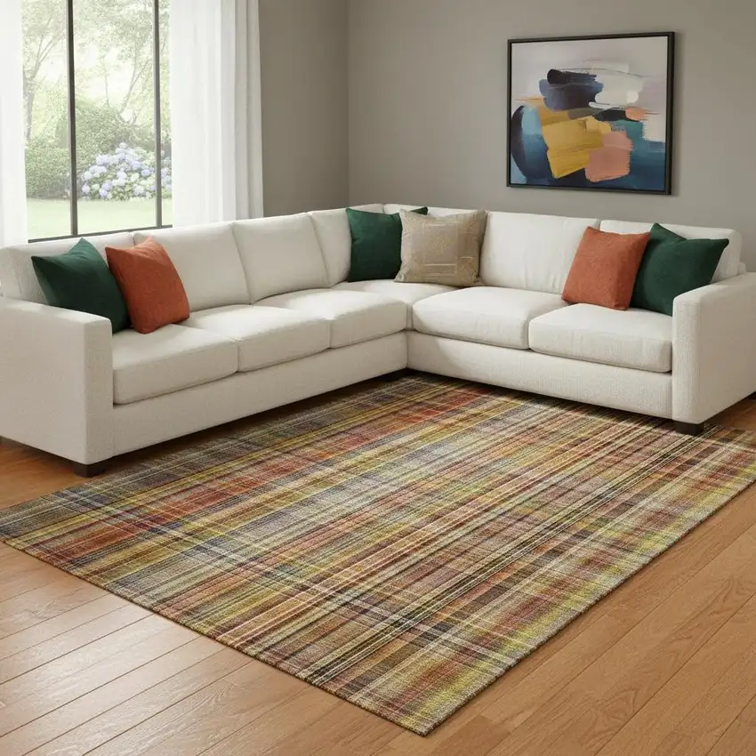 Rust Gold And Green Plaid Washable Area Rug With UV Protection Photo 1
