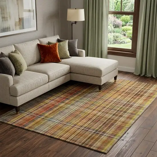 Rust Gold And Green Plaid Washable Area Rug With UV Protection Photo 1