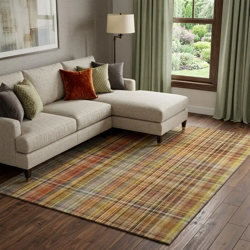 Rust Gold And Green Plaid Washable Area Rug With UV Protection Photo 1