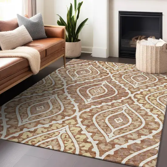 Rust Gold And Ivory Diamond Washable Area Rug With UV Protection Photo 6