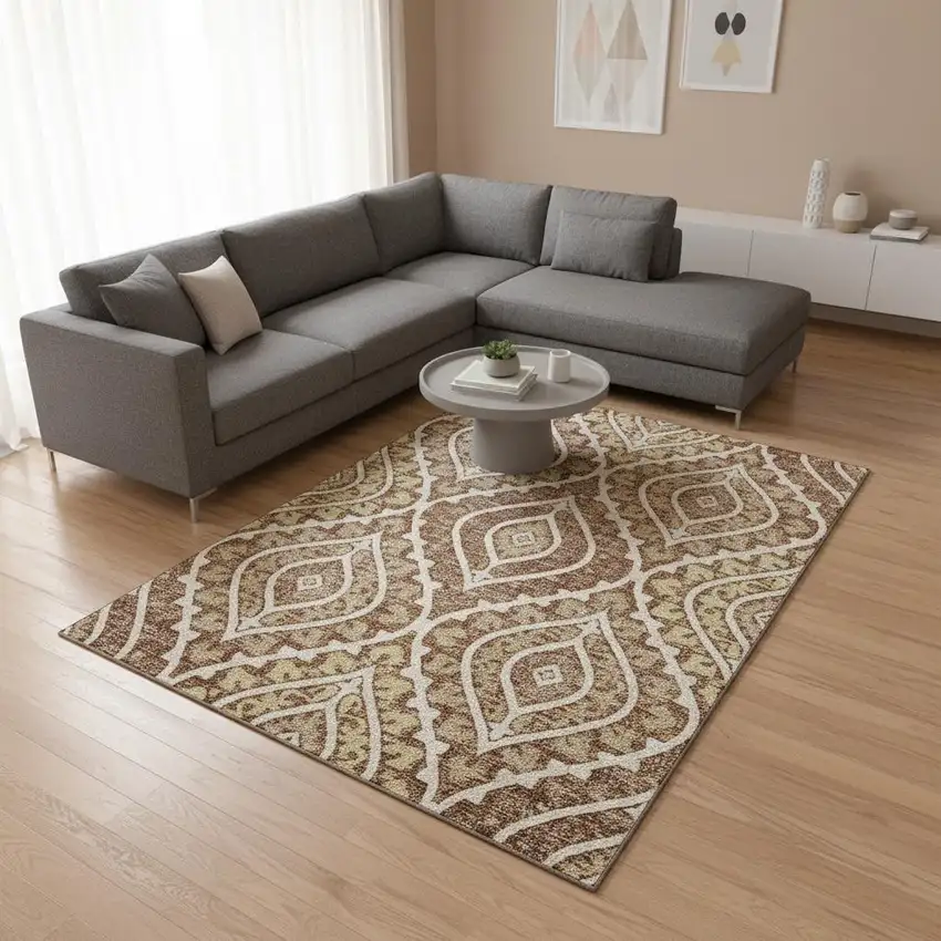 Rust Gold And Ivory Diamond Washable Area Rug With UV Protection Photo 2