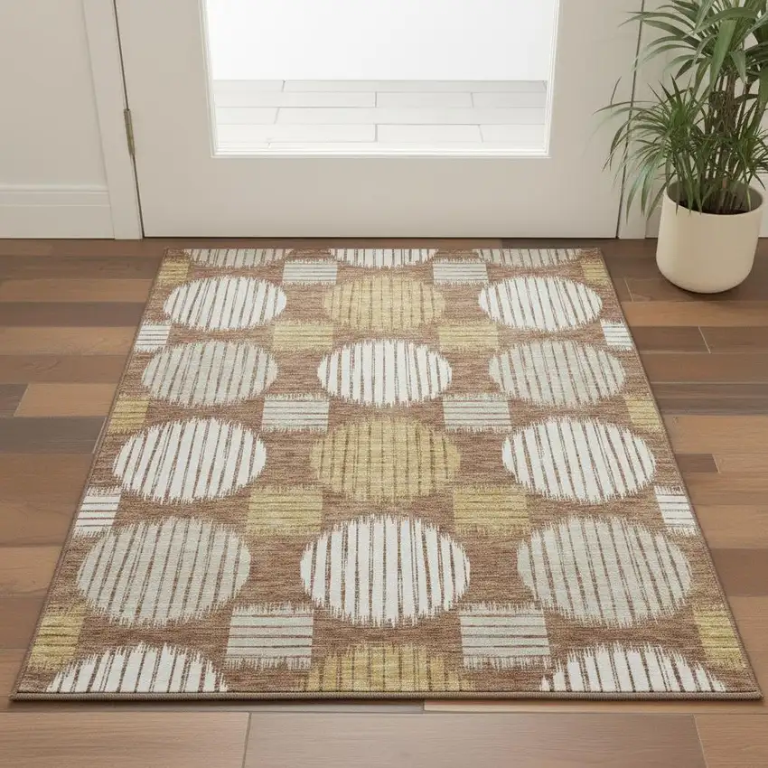 Rust Gold And Ivory Geometric Washable Area Rug With UV Protection Photo 2