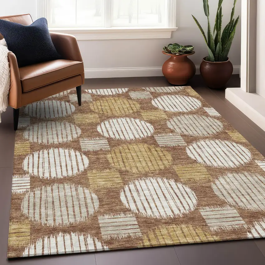 Rust Gold And Ivory Geometric Washable Area Rug With UV Protection Photo 5