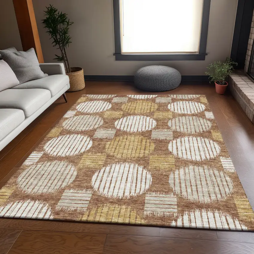 Rust Gold And Ivory Geometric Washable Area Rug With UV Protection Photo 5