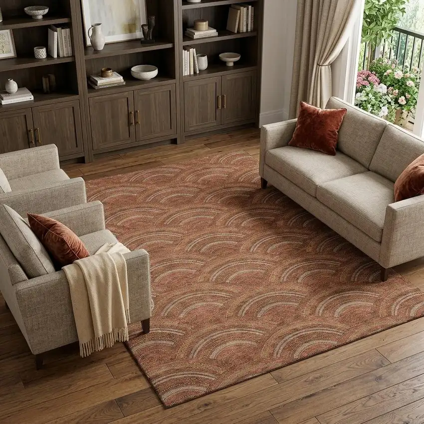 Rust Gold And Ivory Geometric Washable Area Rug With UV Protection Photo 1