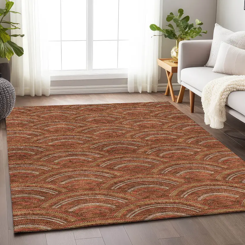 Rust Gold And Ivory Geometric Washable Area Rug With UV Protection Photo 4