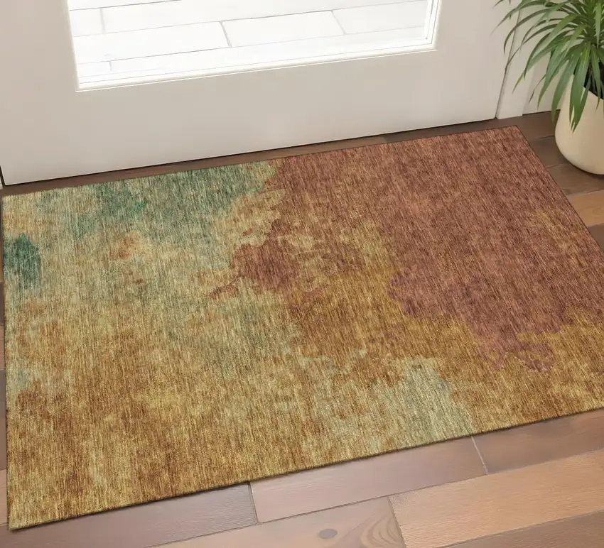 Rust Gold And Teal Abstract Washable Area Rug With UV Protection Photo 1