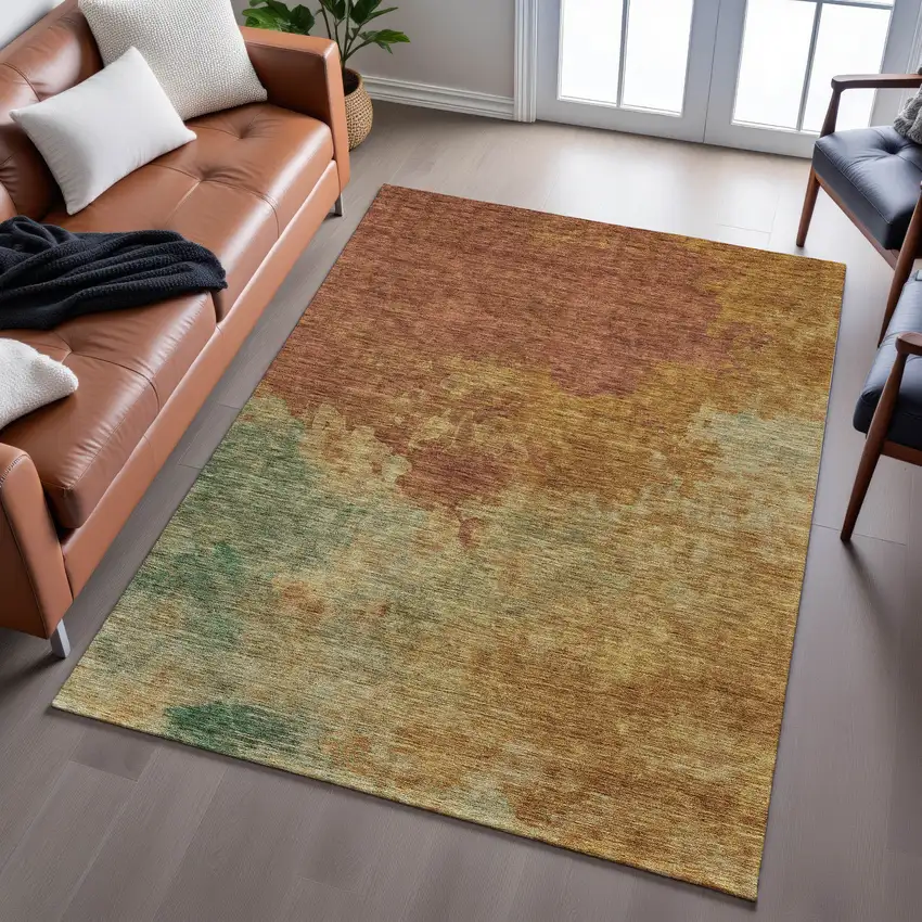 Rust Gold And Teal Abstract Washable Area Rug With UV Protection Photo 3