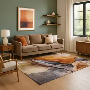 Photo of Rust Gray And Beige Abstract Washable Area Rug With UV Protection