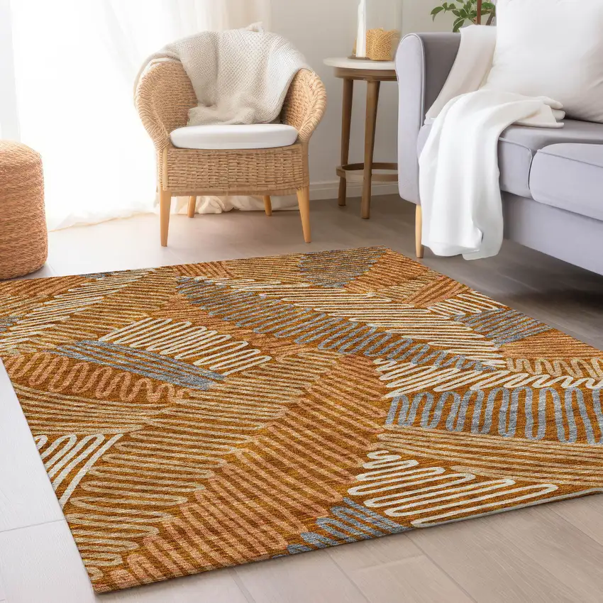 Rust Gray And Beige Floral Washable Area Rug With UV Protection Photo 4