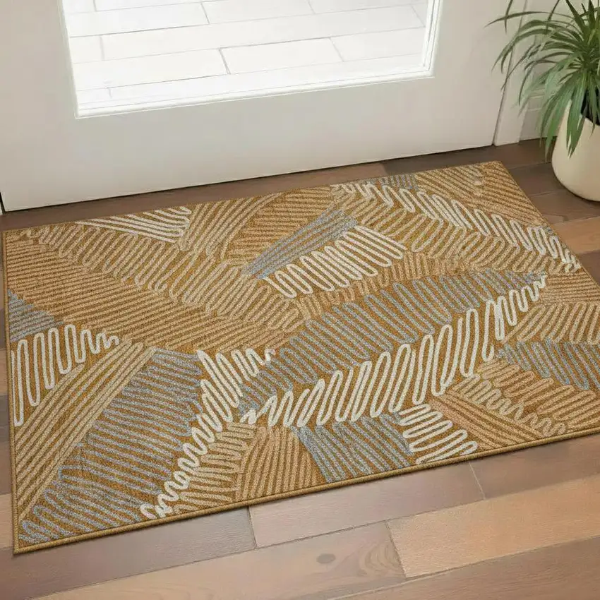 Rust Gray And Beige Floral Washable Area Rug With UV Protection Photo 1