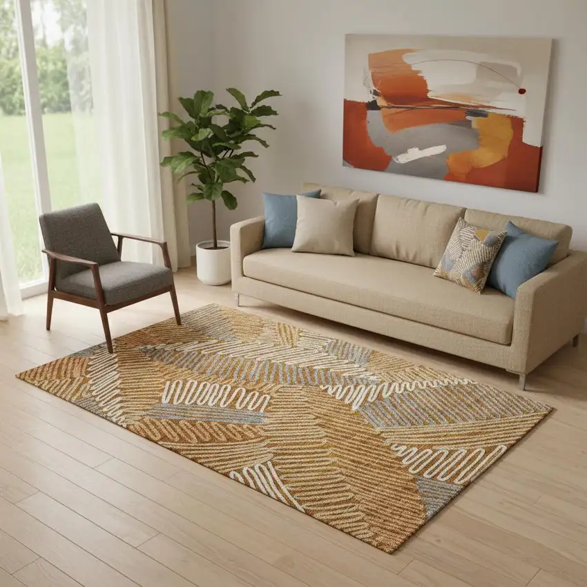 Rust Gray And Beige Floral Washable Area Rug With UV Protection Photo 1