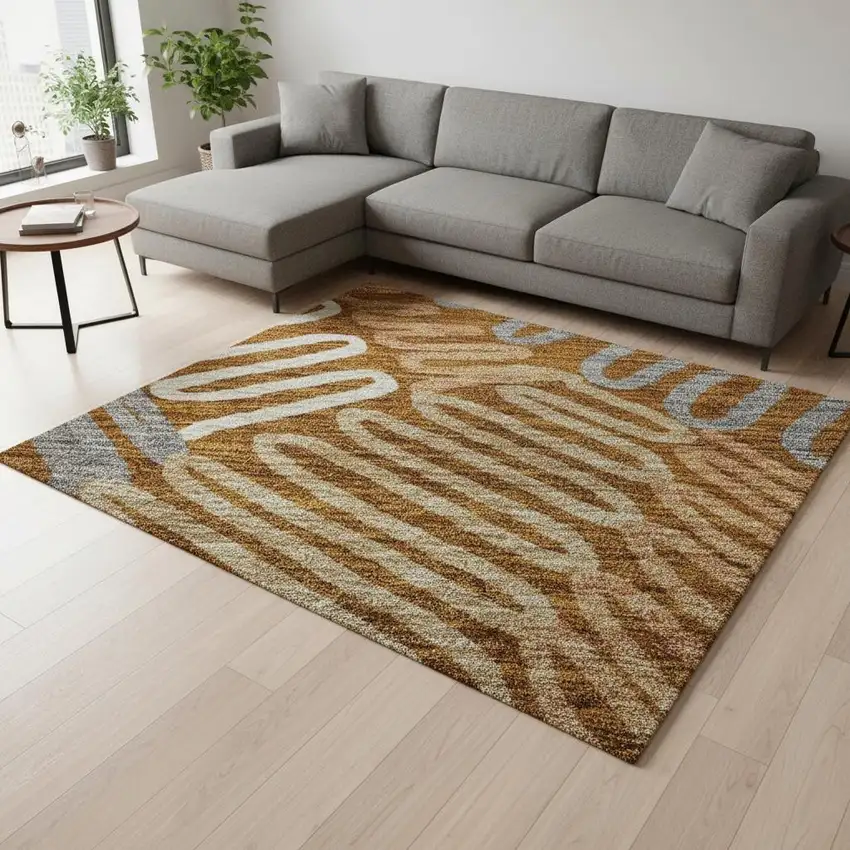 Rust Gray And Beige Floral Washable Area Rug With UV Protection Photo 2