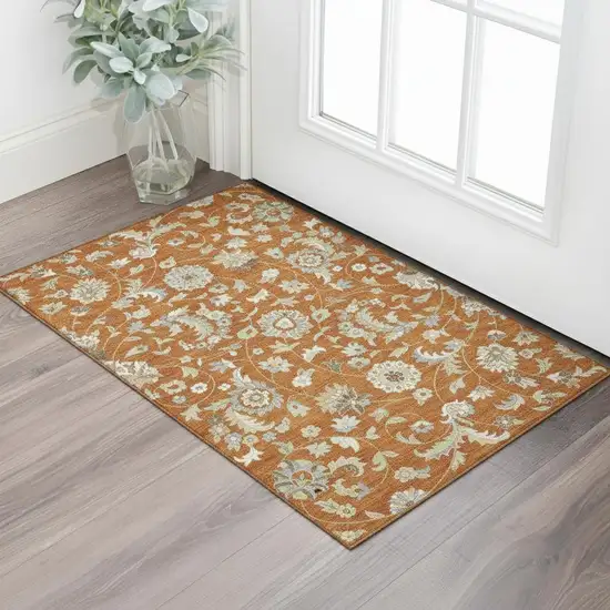 Rust Gray And Beige Floral Washable Area Rug With UV Protection Photo 2