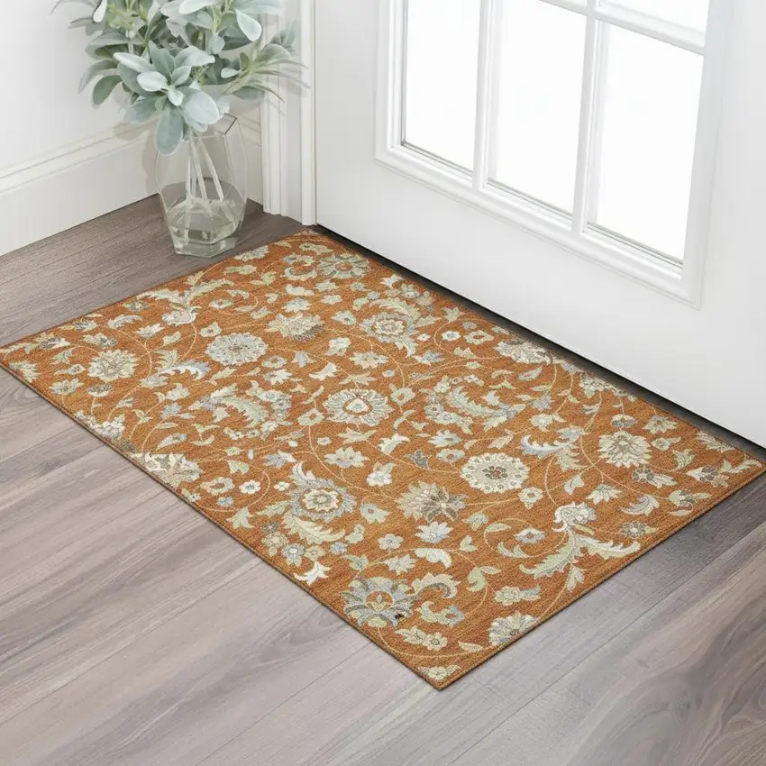 Rust Gray And Beige Floral Washable Area Rug With UV Protection Photo 2