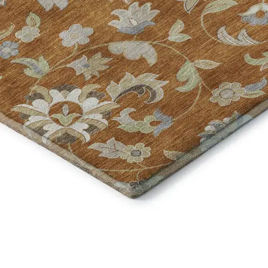 Rust Gray And Beige Floral Washable Area Rug With UV Protection Photo 7