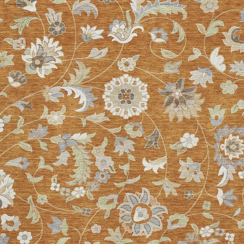 Rust Gray And Beige Floral Washable Area Rug With UV Protection Photo 2