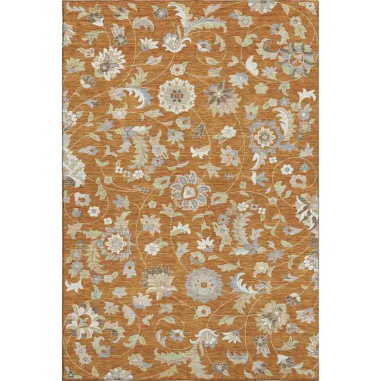 Rust Gray And Beige Floral Washable Area Rug With UV Protection Photo 1