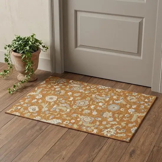 Rust Gray And Beige Floral Washable Area Rug With UV Protection Photo 1