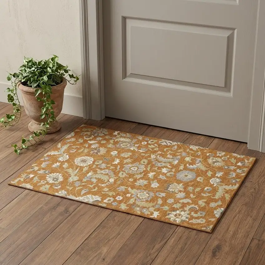 Rust Gray And Beige Floral Washable Area Rug With UV Protection Photo 1