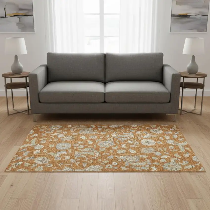 Rust Gray And Beige Floral Washable Area Rug With UV Protection Photo 2