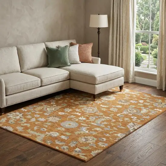 Rust Gray And Beige Floral Washable Area Rug With UV Protection Photo 1