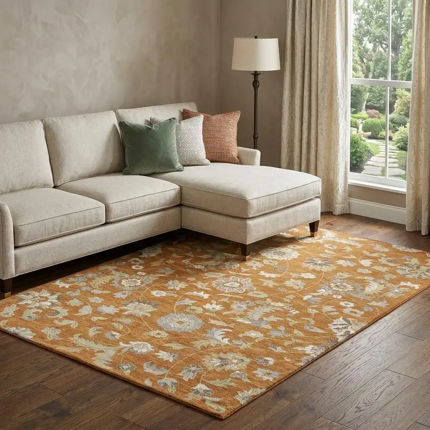 Rust Gray And Beige Floral Washable Area Rug With UV Protection Photo 1