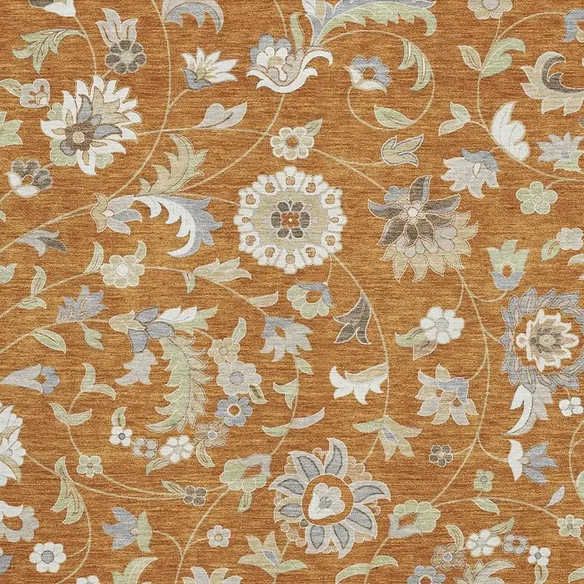 Rust Gray And Beige Floral Washable Area Rug With UV Protection Photo 2