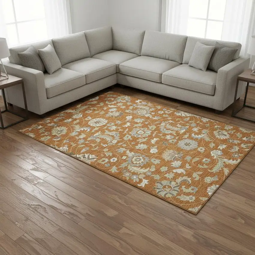 Rust Gray And Beige Floral Washable Area Rug With UV Protection Photo 2