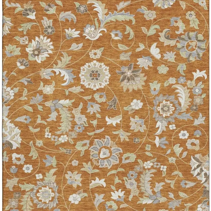 Rust Gray And Beige Floral Washable Area Rug With UV Protection Photo 3