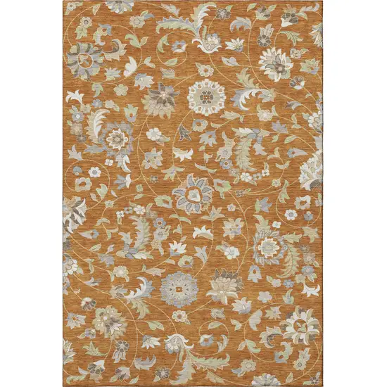Rust Gray And Beige Floral Washable Area Rug With UV Protection Photo 3