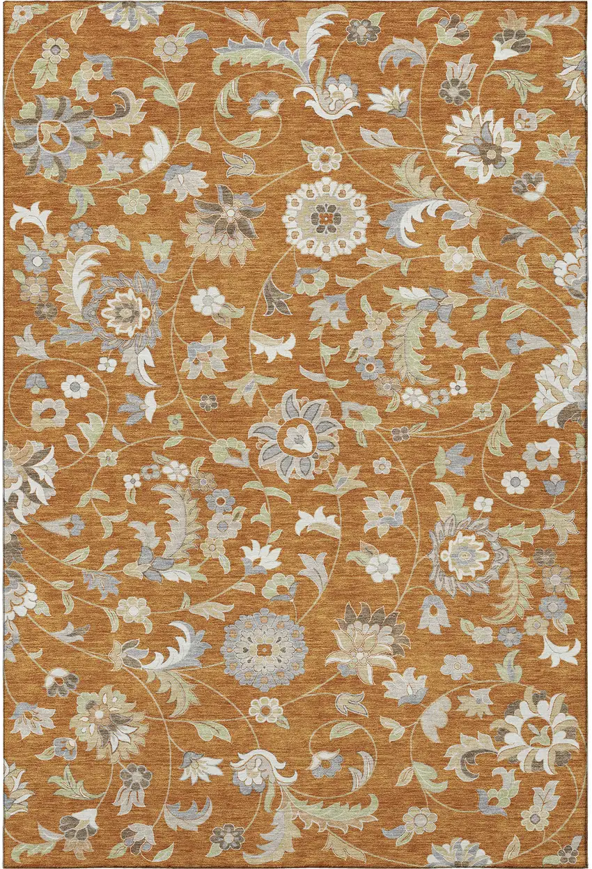 Rust Gray And Beige Floral Washable Area Rug With UV Protection Photo 3