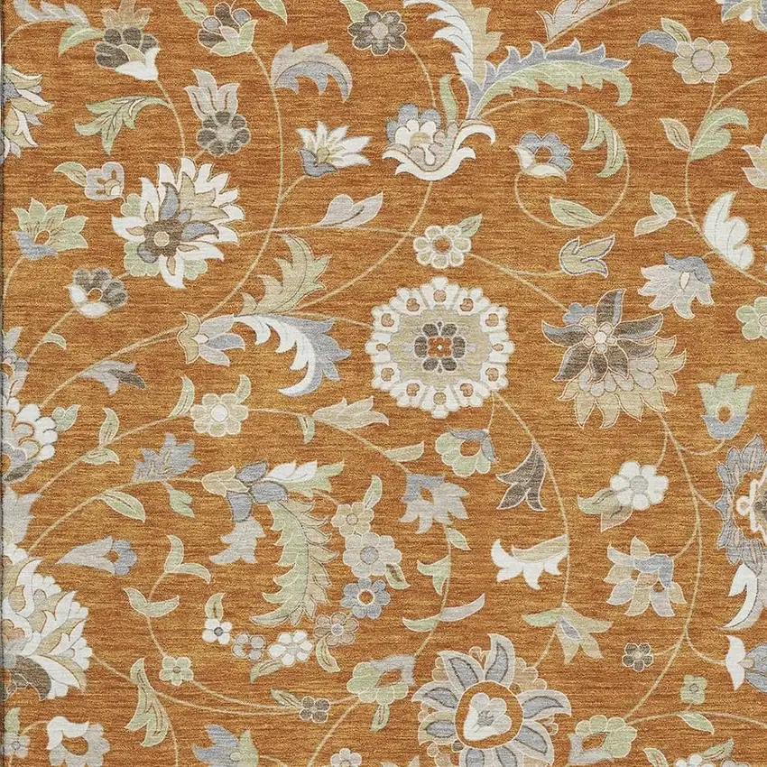 Rust Gray And Beige Floral Washable Area Rug With UV Protection Photo 3