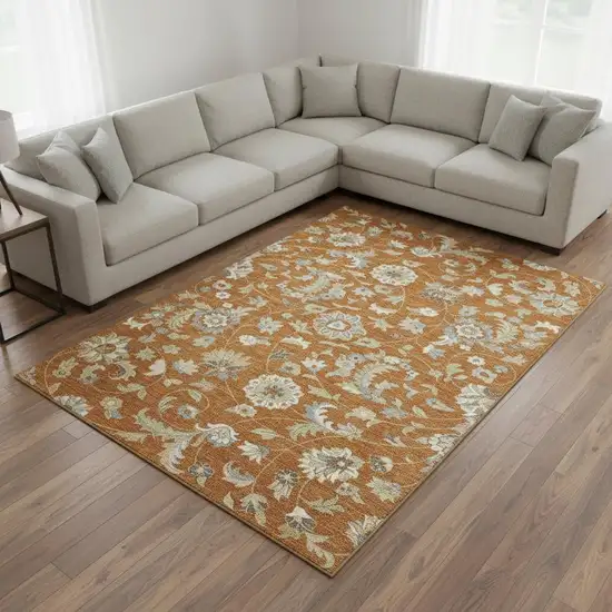 Rust Gray And Beige Floral Washable Area Rug With UV Protection Photo 2