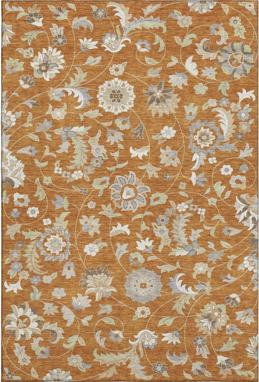 Rust Gray And Beige Floral Washable Area Rug With UV Protection Photo 1