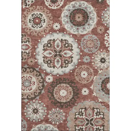 Rust Gray And Beige Medallion Washable Area Rug With UV Protection Photo 1