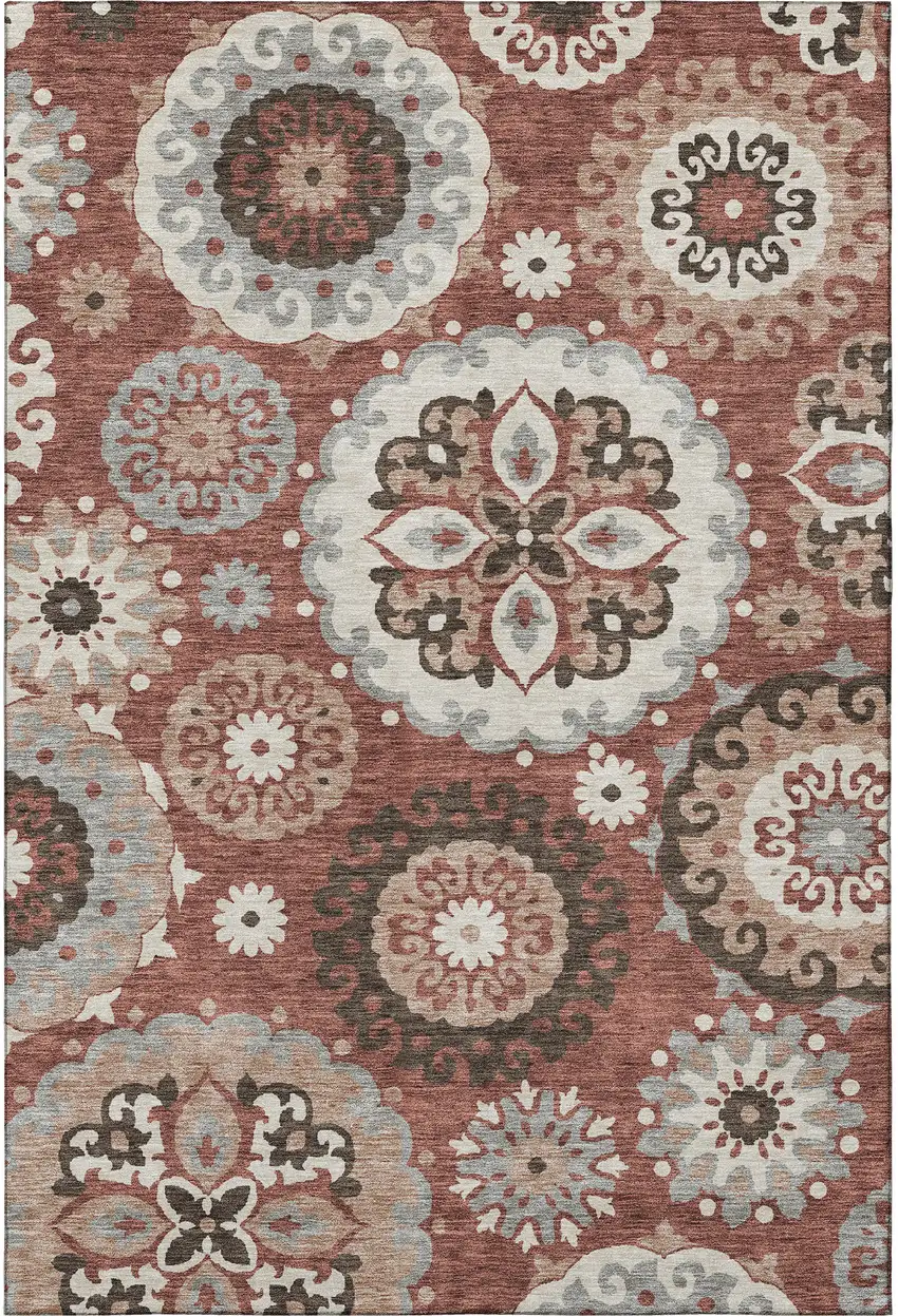 Rust Gray And Beige Medallion Washable Area Rug With UV Protection Photo 4
