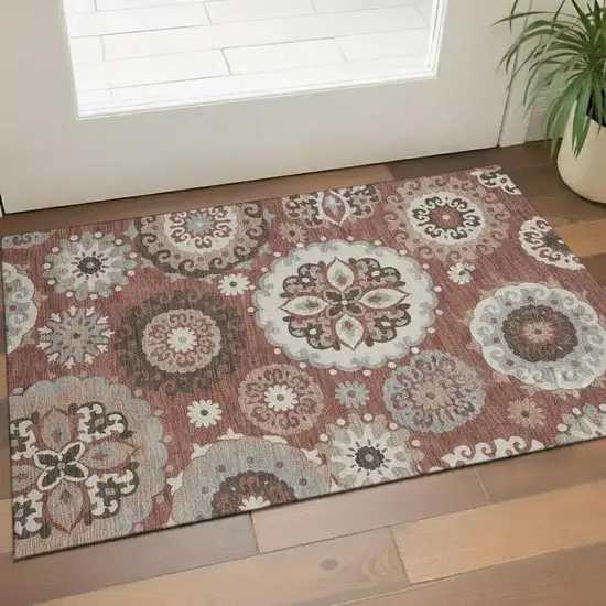 Rust Gray And Beige Medallion Washable Area Rug With UV Protection Photo 1