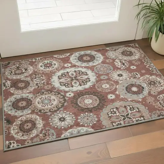 Rust Gray And Beige Medallion Washable Area Rug With UV Protection Photo 2