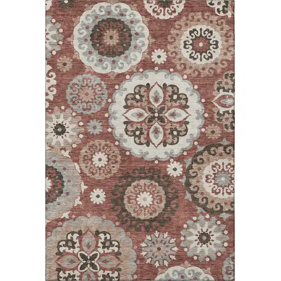 Rust Gray And Beige Medallion Washable Area Rug With UV Protection Photo 4