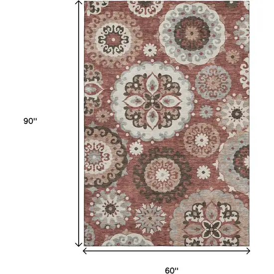 Rust Gray And Beige Medallion Washable Area Rug With UV Protection Photo 3