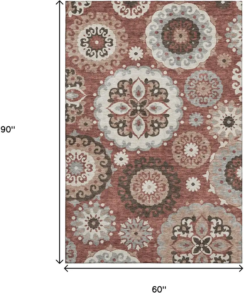 Rust Gray And Beige Medallion Washable Area Rug With UV Protection Photo 3