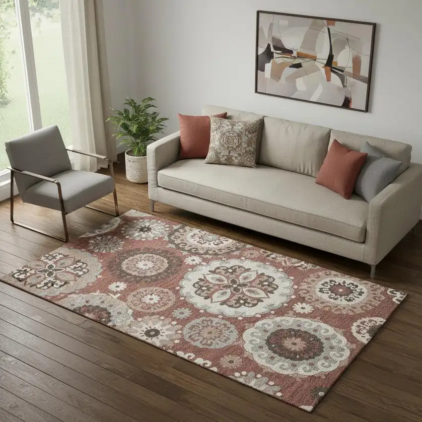 Rust Gray And Beige Medallion Washable Area Rug With UV Protection Photo 1