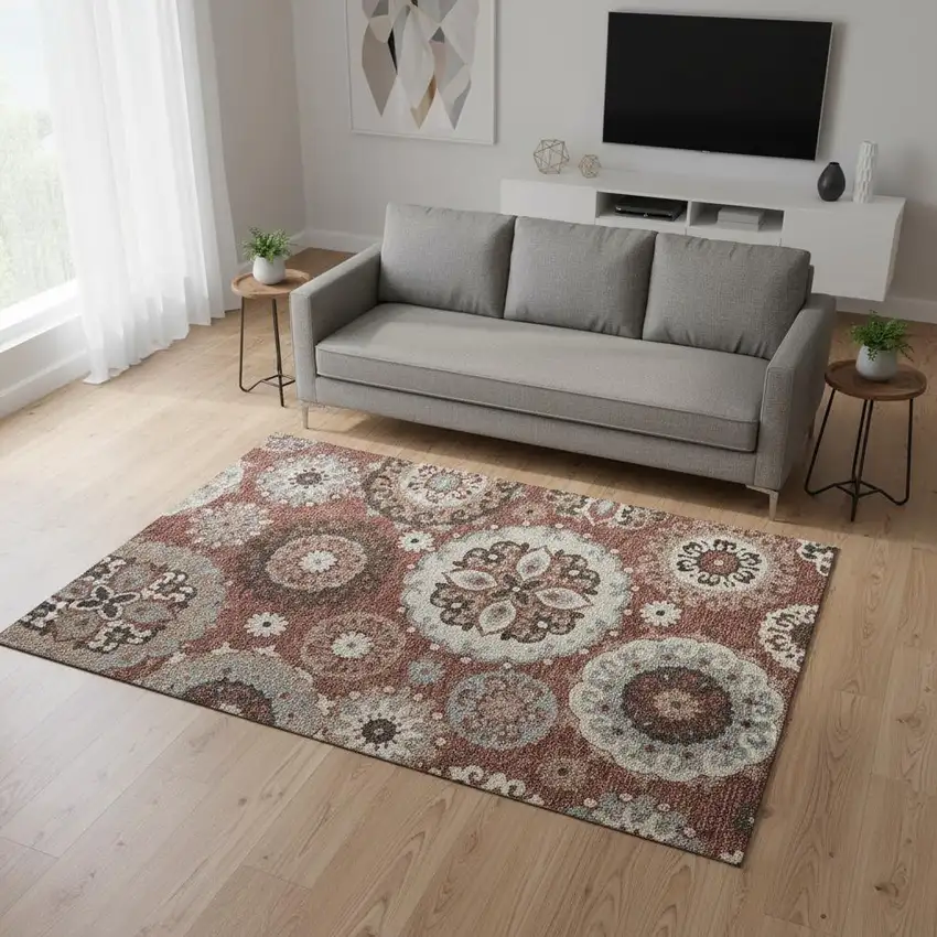 Rust Gray And Beige Medallion Washable Area Rug With UV Protection Photo 2