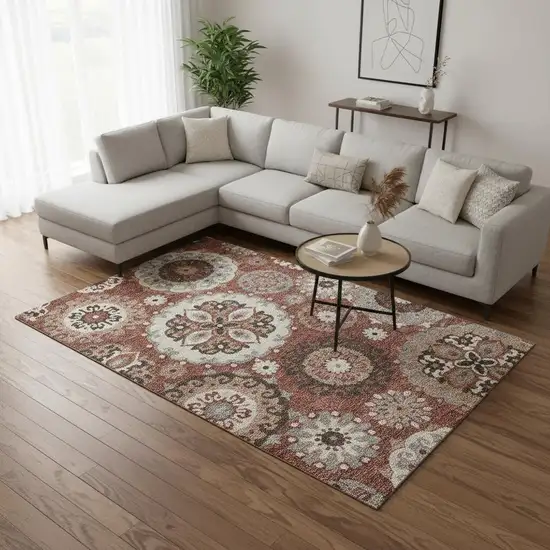 Rust Gray And Beige Medallion Washable Area Rug With UV Protection Photo 2