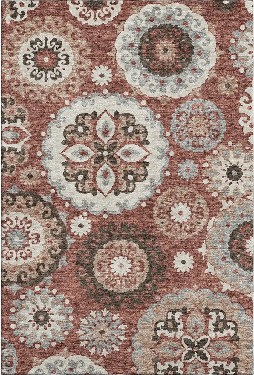 Rust Gray And Beige Medallion Washable Area Rug With UV Protection Photo 1