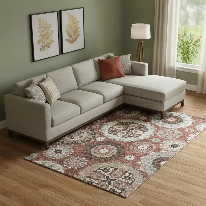 Rust Gray And Beige Medallion Washable Area Rug With UV Protection Photo 1