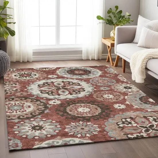 Rust Gray And Beige Medallion Washable Area Rug With UV Protection Photo 5